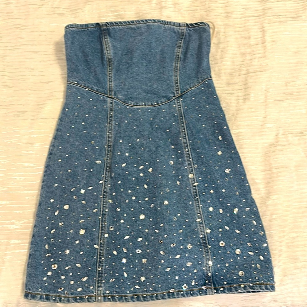 Rhinestone strapless jean mini dress size small